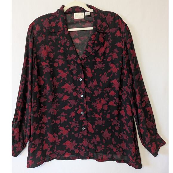 Elizabeth Liz Claiborne Black Red Floral Sheer Shirt Size 18P Dark Romantic Goth - Picture 1 of 7